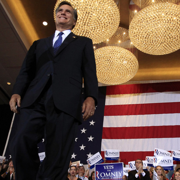 Mitt Romney arrives for his Illinois primary night rally in Schaumburg, Ill. Tuesday's win pushes him further down the road to the GOP nomination. 