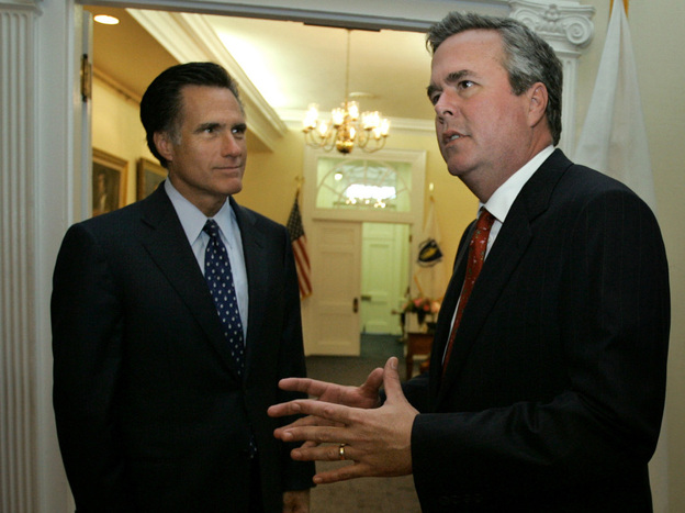 Then-governors Mitt Romney (left) of Massachusetts and Jeb Bush of Florida in 2005. Bush has endorsed his fellow Republican's presidential bid. 