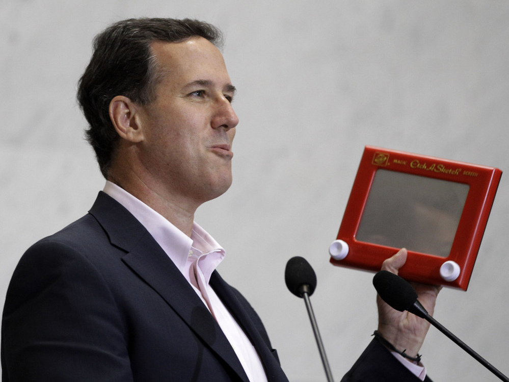 Rick Santorum beats up Mitt Romney with an Etch A Sketch, figuratively speaking. 
