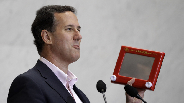 Rick Santorum beats up Mitt Romney with an Etch A Sketch, figuratively speaking. (AP)