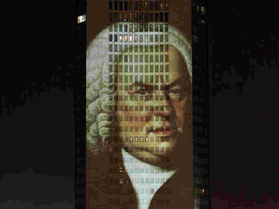 A portrait of Bach, projected in December 2005 on a skyscraper in his longtime home city of Leipzig, Germany.