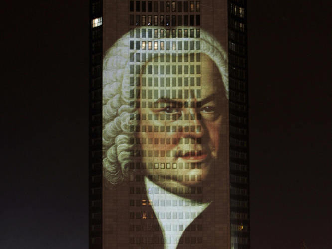 A portrait of Bach, projected in December 2005 on a skyscraper in his longtime home city of Leipzig, Germany.