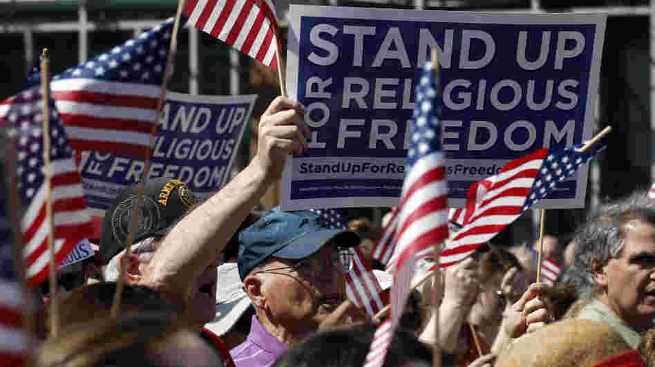 Protesters rally for religious freedom in front of Philadelphia's Independence Hall on Friday. Rallies took place nationwide to protest the mandate that some religious organizations cover the cost of contraception.