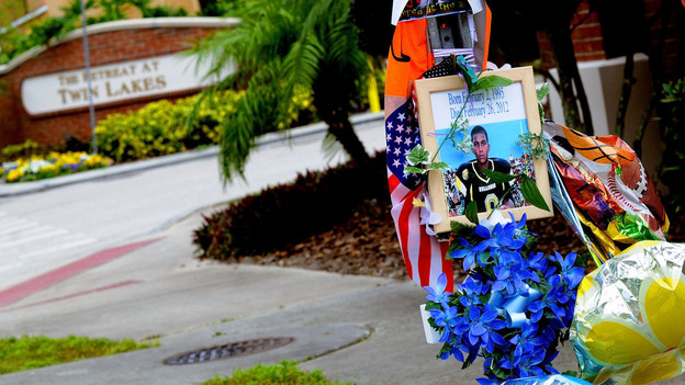 A memorial to Trayvon Martin sits outside The Retreat at Twin Lakes community in Sanford, Fla., where the teenager was shot and killed by George Michael Zimmerman.
