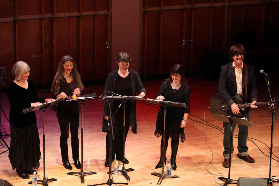 "I can't believe this is happening," said the Mountain Goats' John Darnielle of his collaboration with the vocal quartet Anonymous 4, which took place as part of the Ecstatic Music Festival at New York City's Merkin Concert Hall on March 24, 2012.