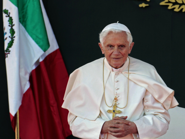 Pope Benedict XVI listens to a speech during his welcome ceremony in Mexico.