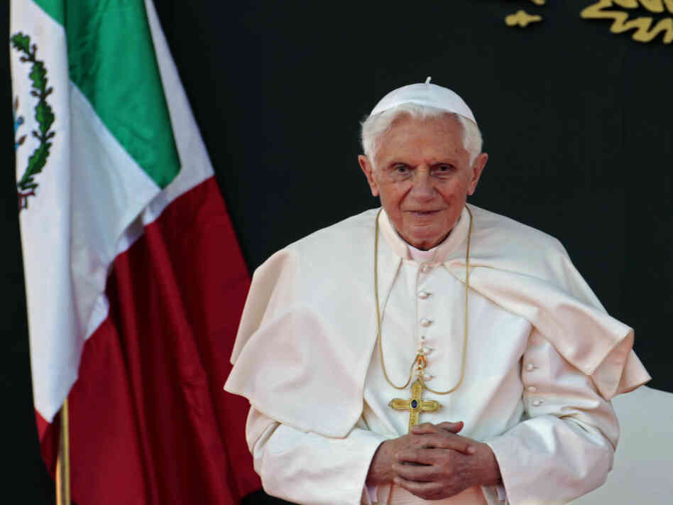 Pope Benedict XVI listens to a speech during his welcome ceremony in Mexico.