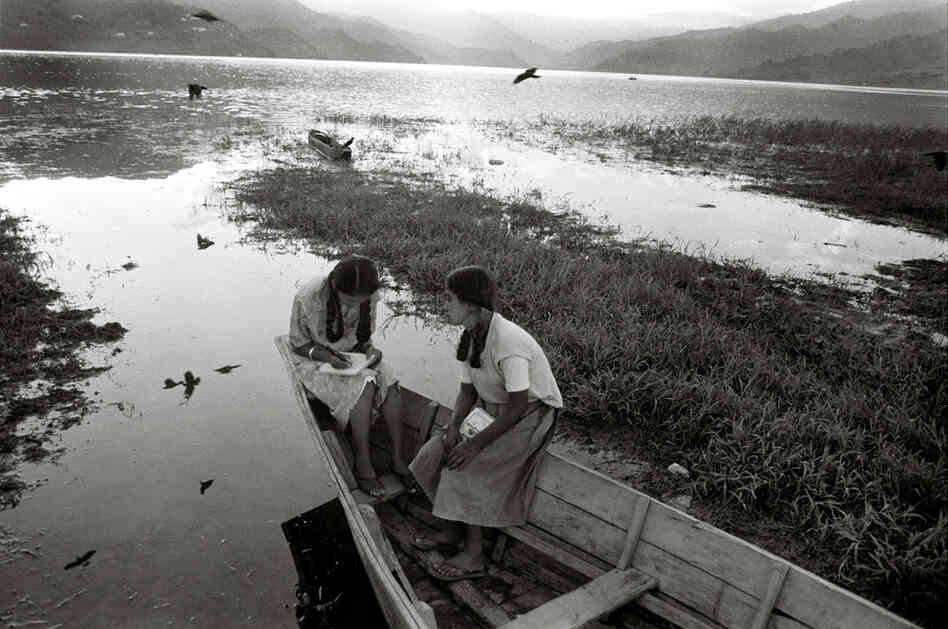 Schoolgirls with homework, Pokhara, Nepal, 1987