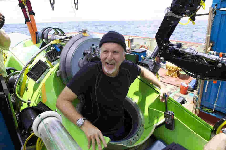 Explorer James Cameron emerges from the Deepsea Challenger submersible after his successful solo dive to the Mariana Trench.