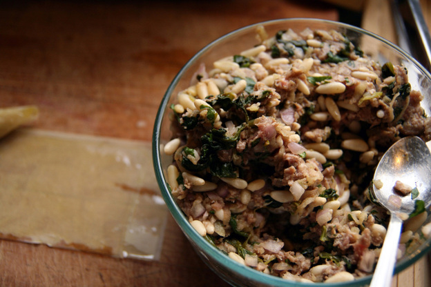 A filling of ground lamb, pine nuts, apples, aromatics, herbs and spices for the Tart-Sweet Lamb Borek.