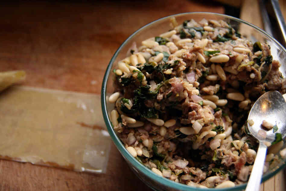 A filling of ground lamb, pine nuts, apples, aromatics, herbs and spices for the Tart-Sweet Lamb Borek.