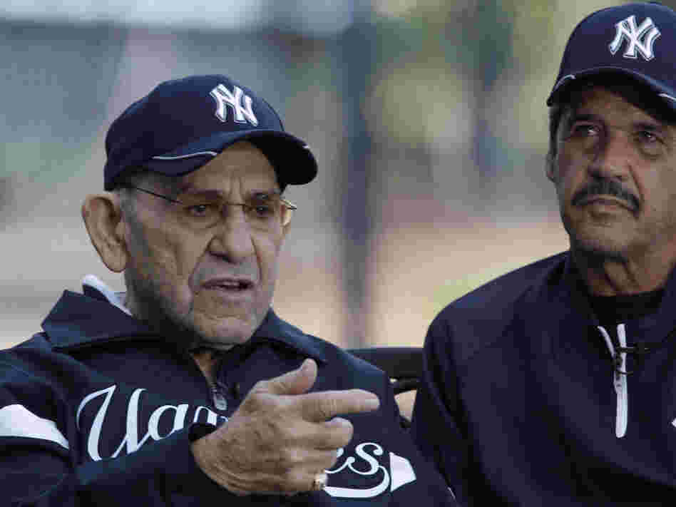 Yogi Berra (left) and Ron Guidry are interviewed before a spring training baseball game between the Yankees and the Washington Nationals at Steinbrenner Field in Tampa, Fla., on March 16.