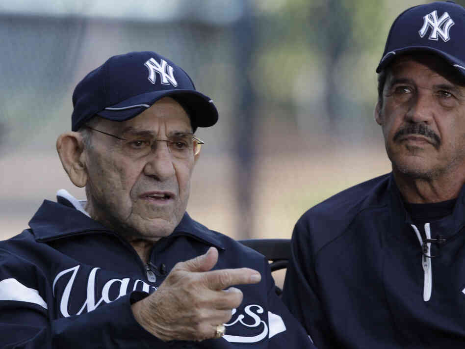 Yogi Berra (left) and Ron Guidry are interviewed before a spring training baseball game between the Yankees and the Washington Nationals at Steinbrenner Field in Tampa, Fla., on March 16.