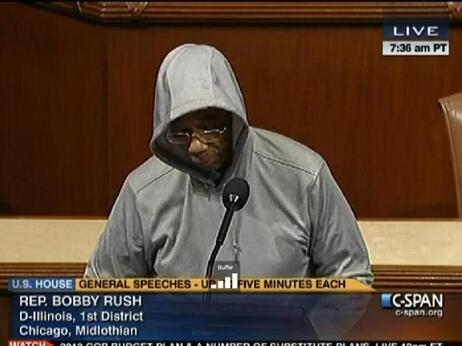 Rep. Bobby Rush, D-Ill., during his hooded statement on the House floor. Rep. Bobby Rush, D-Ill., during his hooded statement on the House floor.