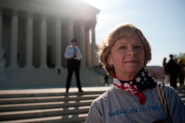 Carolyn Weller came from Idaho to join the scene outside the Supreme Court.