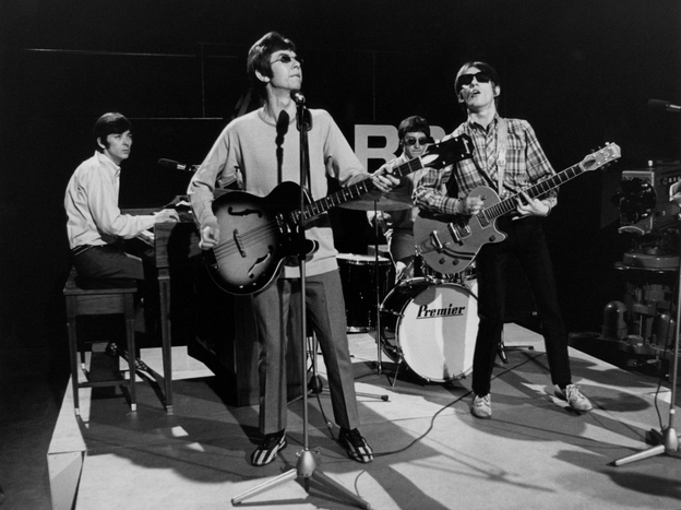 Ian McLagan, Ronnie Lane, Kenny Jones and Steve Marriott of The Small Faces perform live on Ready Steady Go! in 1966.