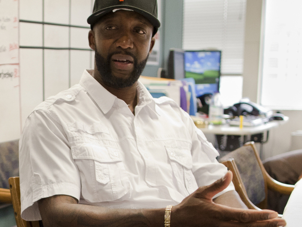 Tracy Martin speaks with staff after an interview with NPR's Michel Martin in Washington, D.C., on Wednesday.