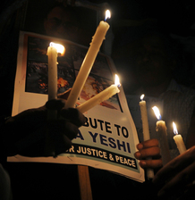 In Kolkata on Tuesday, exiled Tibetans and human rights activists held a candlelight for Jamphel Yeshi. In Kolkata on Tuesday, exiled Tibetans and human rights activists held a candlelight for Jamphel Yeshi.
