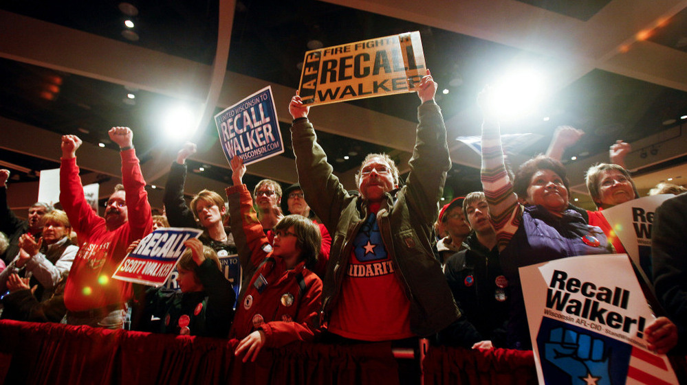 Demonstrators cheer the effort to recall Wisconsin Gov. Scott Walker on Jan. 17 in Madison. 