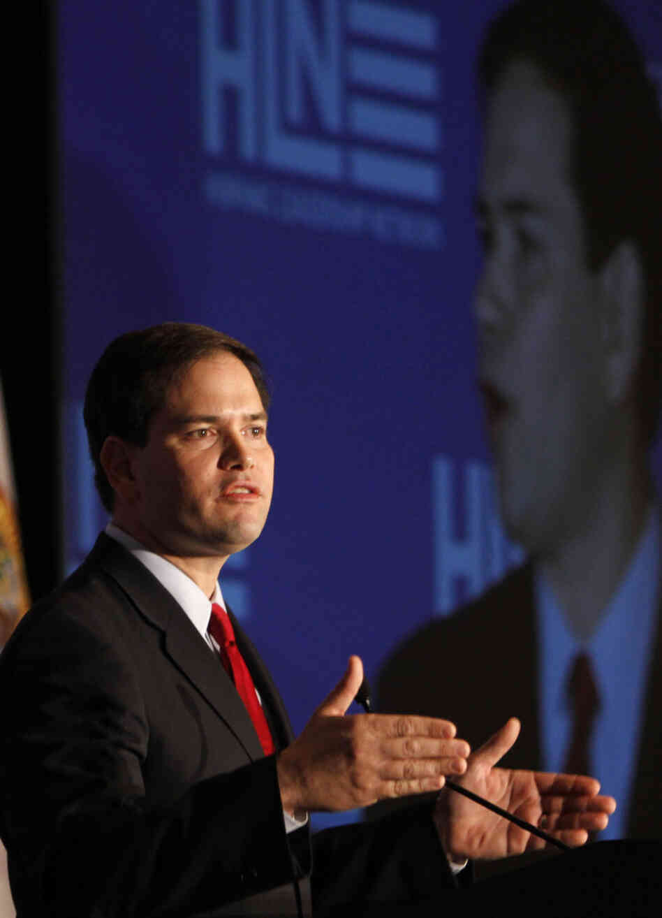 Sen. Marco Rubio, R-Fla., talks at the Hispanic Leadership Network in Miami on Jan. 27.