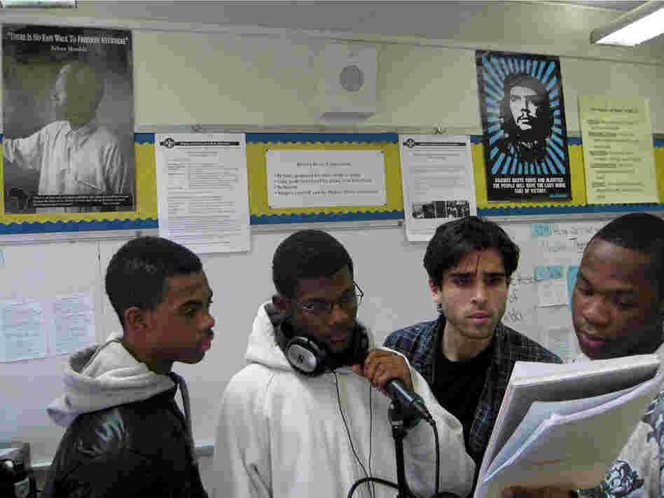 Students at Brooklyn Community Arts & Media High School who call themselves the Swaggbrarians have remixed music by Beethoven. (L-R) Brandon Jones, Daniel Simpson, instructor Adam Miller, Jalan Barber.
