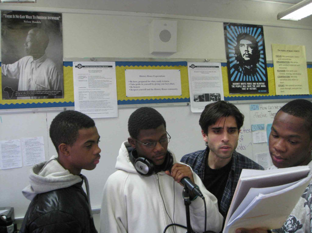 Students at Brooklyn Community Arts & Media High School who call themselves the Swaggbrarians have remixed music by Beethoven. (L-R) Brandon Jones, Daniel Simpson, instructor Adam Miller, Jalan Barber.