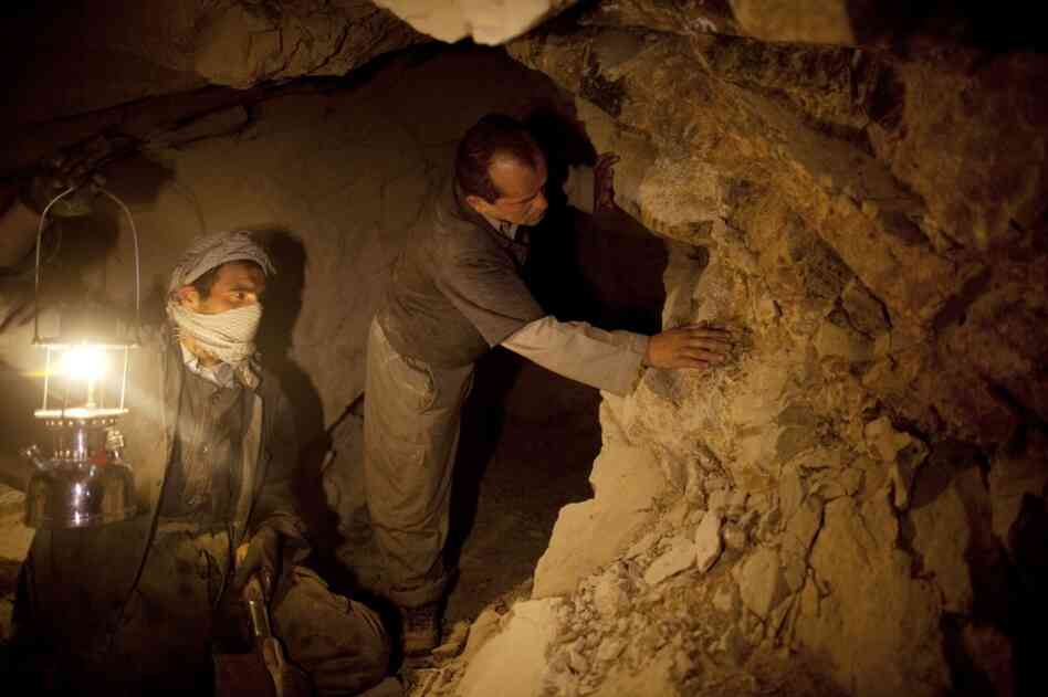 Afghan miners in a makeshift emerald mine in the Panjshir Valley in 2010. Reports suggest that Afghanistan is sitting on significant deposits of oil, gas, copper, iron, gold and coal, as well as a range of precious gems like emeralds and rubies. Currently these minerals are largely untapped and are still being mapped.
