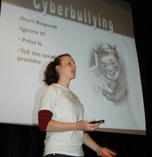 Erica Newell of the Massachusetts Aggression Reduction Center gives an anti-bullying presentation to middle-schoolers in Medway, Mass. Erica Newell of the Massachusetts Aggression Reduction Center gives an anti-bullying presentation to middle-schoolers in Medway, Mass.