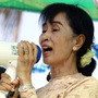 Myanmar opposition figure Aung San Suu Kyi speaks to  supporters on Saturday. Voting in parliamentary elections this Sunday is considered a test of the political reforms that Myanmar's rulers have introduced over the past year. 