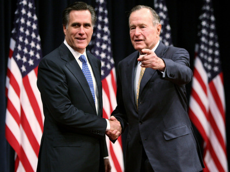 Mitt Romney (left) and former President George H.W. Bush in 2007. Mitt Romney (left) and former President George H.W. Bush in 2007.