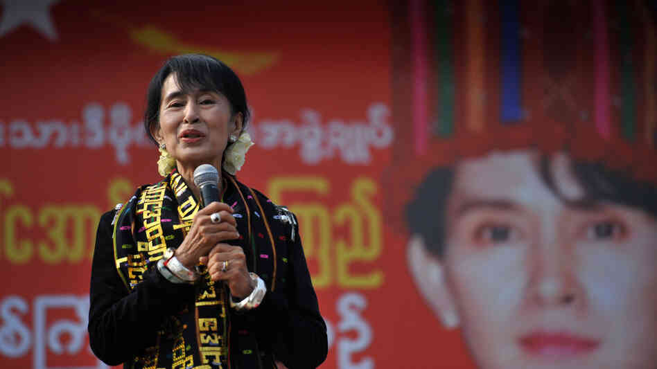 Pro-democracy leader Aung San Suu Kyi addresses supporters in Myitkyina on Feb. 24. Pro-democracy leader Aung San Suu Kyi addresses supporters in Myitkyina on Feb. 24.