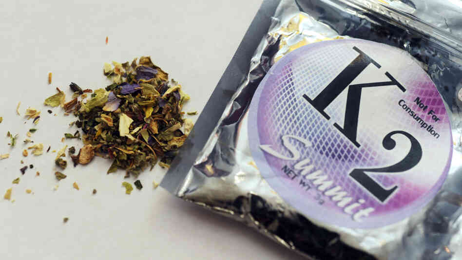 A package of K2, a concoction of dried herbs sprayed with chemicals sometimes called synthetic marijuana. New York moved to ban a wide range of products like these this week.