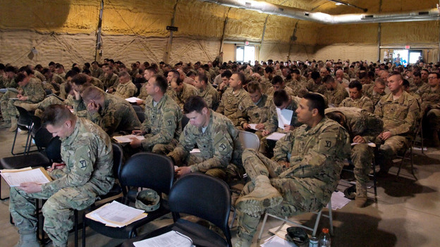 Briefings are part of the demobilization process that the 182nd Infantry Regiment must go through at Camp Atterbury in Columbus, Ind.
