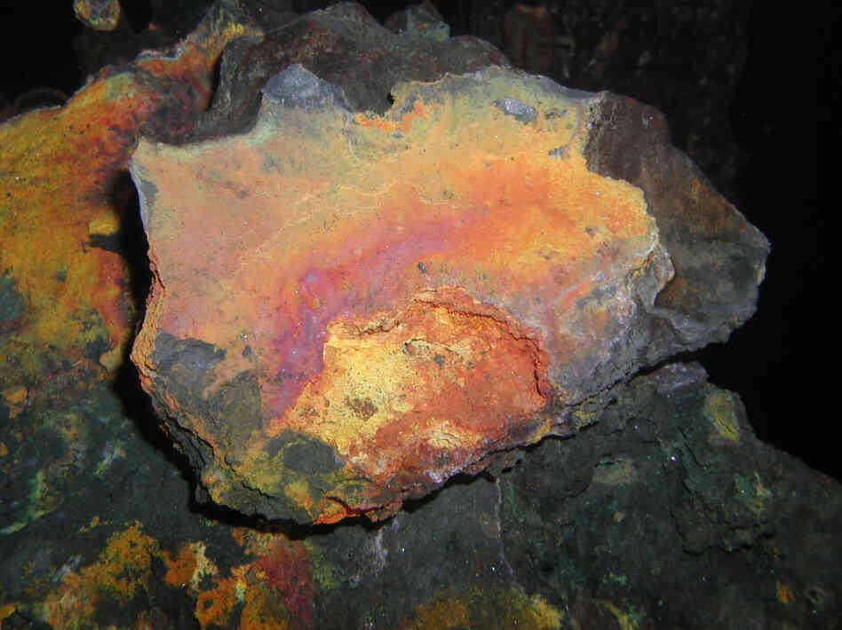 This deep-sea rock is rich in copper. Minerals form in the seafloor because a natural hot spring has been laying them down for thousands of years.