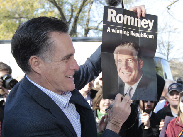 Mitt Romney with campaign poster for his father, George, in Spartanburg, SC, January 2012.  