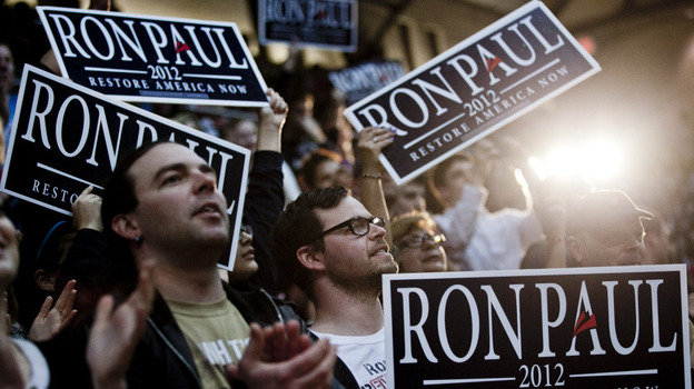  Supporters of Texas Rep. Ron Paul cheer as the Republican presidential candidate speaks on March 28 at the University of Maryland in College Park, Md.