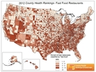 County Health Rankings measures the density of fast-food restaurants. Darker colors indicate counties with the highest percentage. County Health Rankings measures the density of fast-food restaurants. Darker colors indicate counties with the highest percentage.