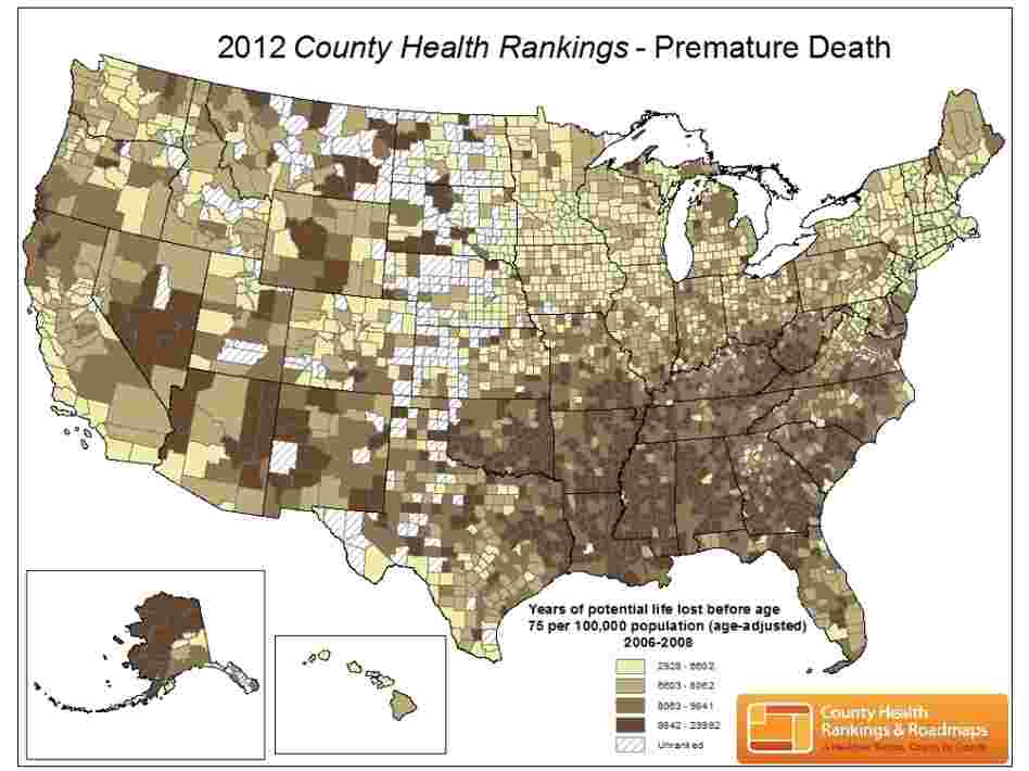Dark spots indicate counties where more people die younger. Dark spots indicate counties where more people die younger.