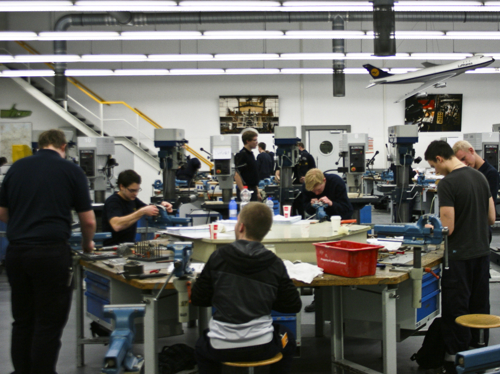 Apprentices are trained at the Lufthansa Technik training center in Hamburg last month. About 60 percent of German high school students opt for vocational training over further academic education.