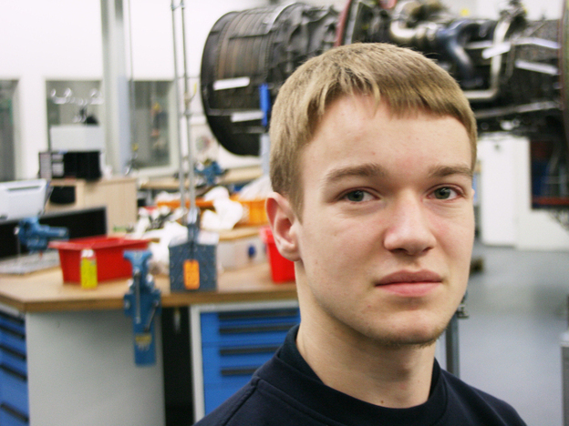Robin Dittmar, 18, works at the Lufthansa Technik training center in Hamburg. He is about a third of the way through his apprenticeship as an aircraft mechanic and is confident his training will translate into a full-time job.