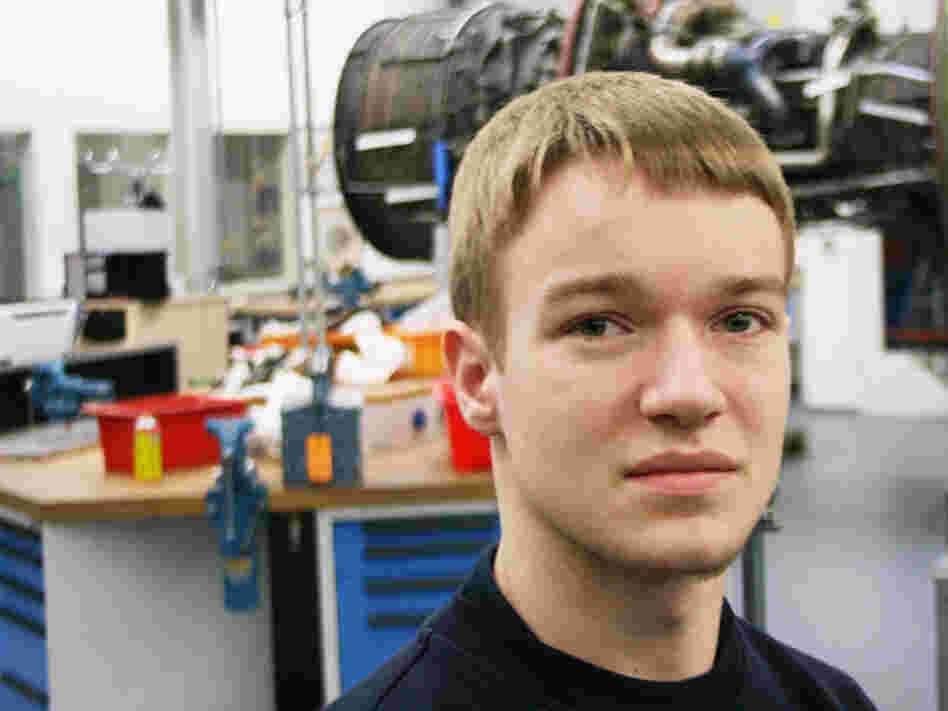 Robin Dittmar, 18, works at the Lufthansa Technik training center in Hamburg. He is about a third of the way through his apprenticeship as an aircraft mechanic and is confident his training will translate into a full-time job.