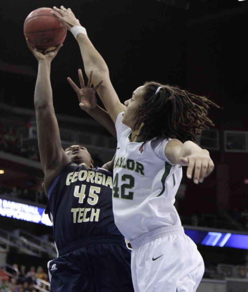 Baylor's Brittney Griner (42) blocking a shot by Georgia Tech's' Sasha Goodlett on March 24.