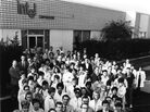 Intel's staff of just over 100 employees outside their first building in Mountain View, in 1969. Front left, co-founder Robert Noyce; front right, co-founder Gordon Moore. Intel's staff of just over 100 employees outside their first building in Mountain View, in 1969. Front left, co-founder Robert Noyce; front right, co-founder Gordon Moore.