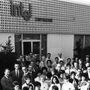 Intel's staff of just over 100 employees outside their first building in Mountain View, in 1969. Front left, co-founder Robert Noyce; front right, co-founder Gordon Moore. 