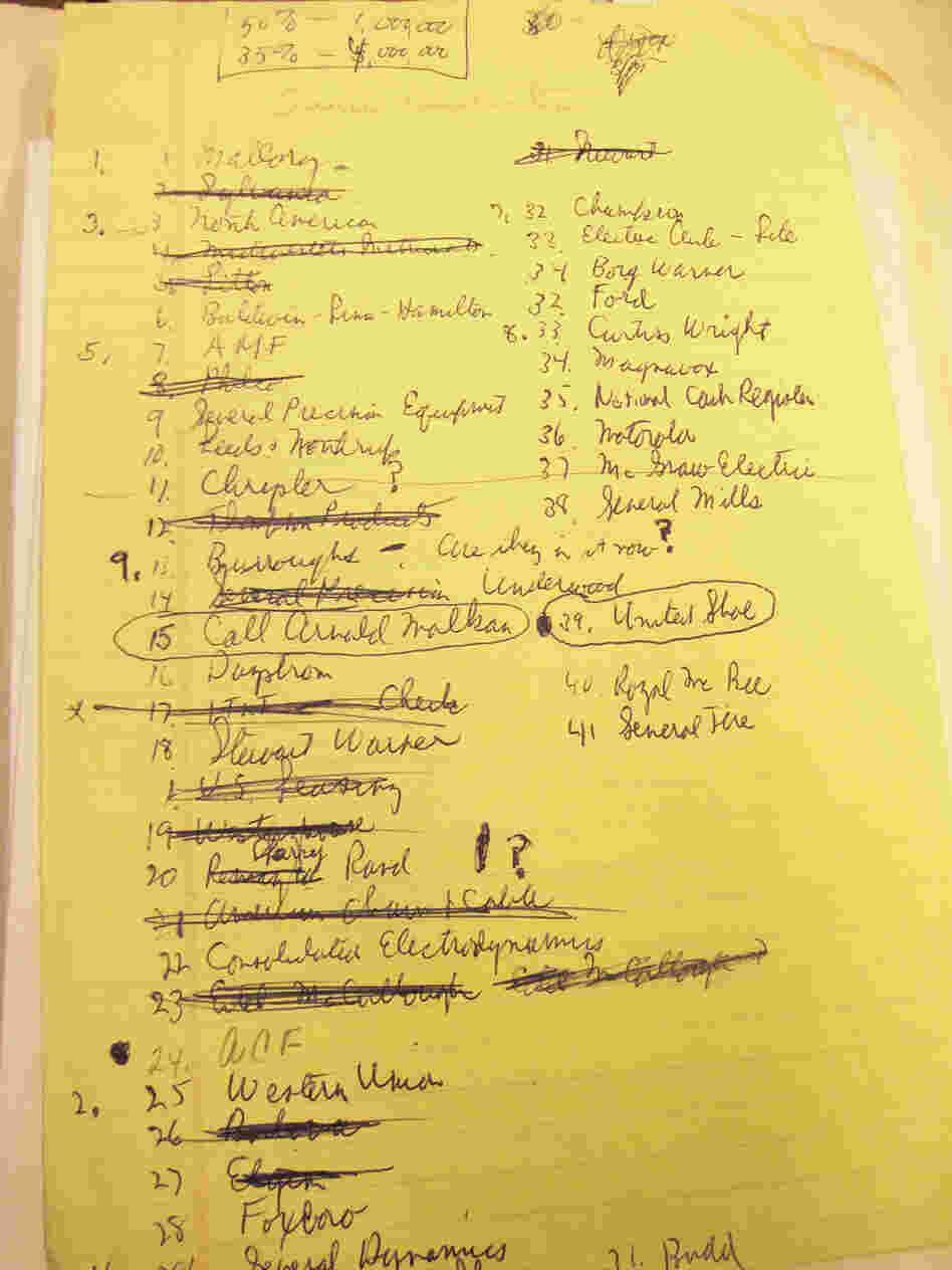 The list of more than 40 firms Arthur Rock asked to invest in the Traitorous 8. He was asking for $1.5 million and a share in the business for each of the founders. "None of the companies would do it," Rock says.