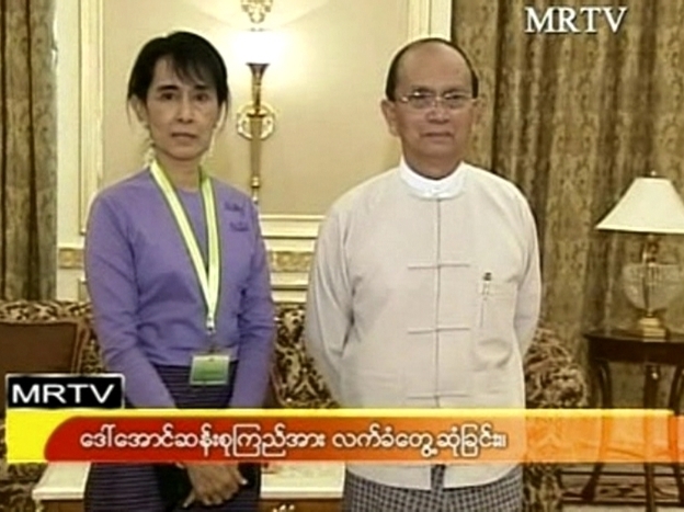 A screen grab from MRTV of Nobel Peace Prize winner Aung San Suu Kyi with Myanmar president Thein Sein during a one hour meeting in August 2011. 
