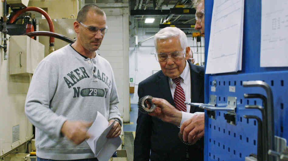 Sen. Richard Lugar (right) meets with workers at the Oerlikon Fairfield manufacturing plant in Lafayette, Ind., on Feb. 24. Sen. Richard Lugar (right) meets with workers at the Oerlikon Fairfield manufacturing plant in Lafayette, Ind., on Feb. 24.