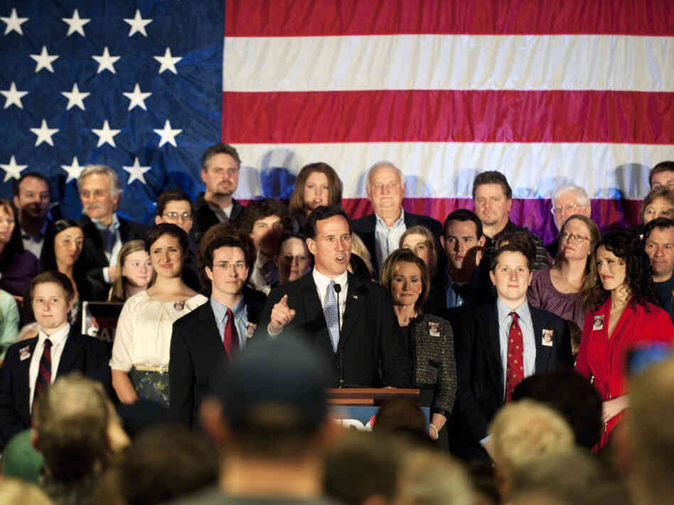 Republican presidential candidate Rick Santorum speaks at a campaign rally at Four Seasons Sheraton on April 3, 2012 in Mars, Pennsylvania. Romney won the D.C, Maryland and Wisconson primaries with a total of 98 delegates at stake.