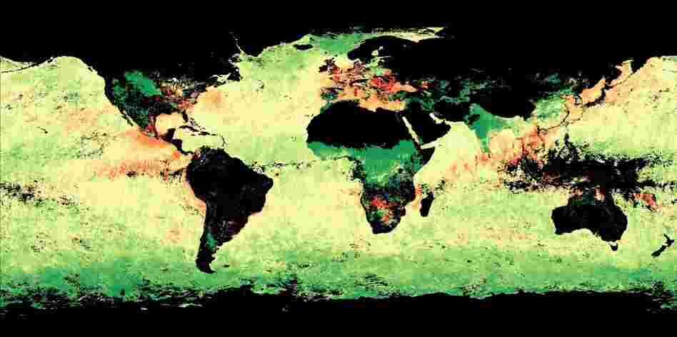 This NASA map shows the size of aerosol particles in the atmosphere. Green areas indicate larger, more naturally occurring particles like dust. Red areas indicate smaller aerosol particles, which can come from fossil fuels and fires. Yellow areas indicate a mix of large and small particles. This NASA map shows the size of aerosol particles in the atmosphere. Green areas indicate larger, more naturally occurring particles like dust. Red areas indicate smaller aerosol particles, which can come from fossil fuels and fires. Yellow areas indicate a mix of large and small particles.