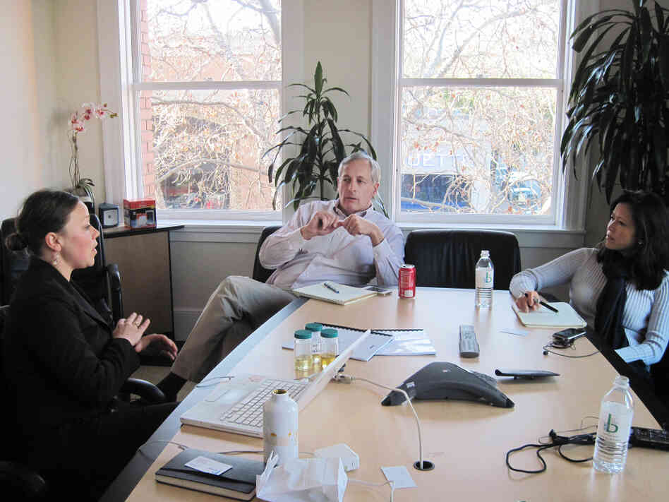 Virginia Klausmeier (left) makes her pitch for Garage Technology Ventures to invest in her clean diesel fuel company, Sylvatex, to Bill Reichert and Joyce Chung, two of the firm's general partners. 